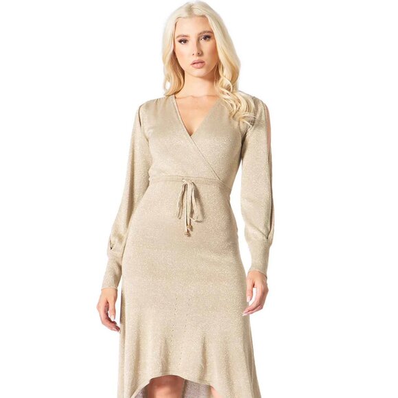 Vertigo, Surplice Neck Cold Shoulder Hi Lo Hem Dress, Gold Metallic, Sz M - Picture 3 of 14